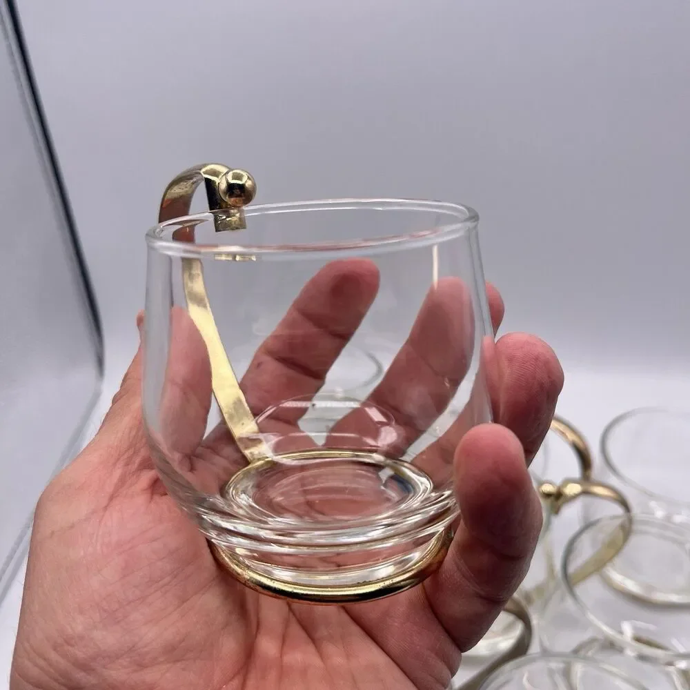 11 Vintage Brass Handled Glass Mugs Mid Century Modern Bar Ware